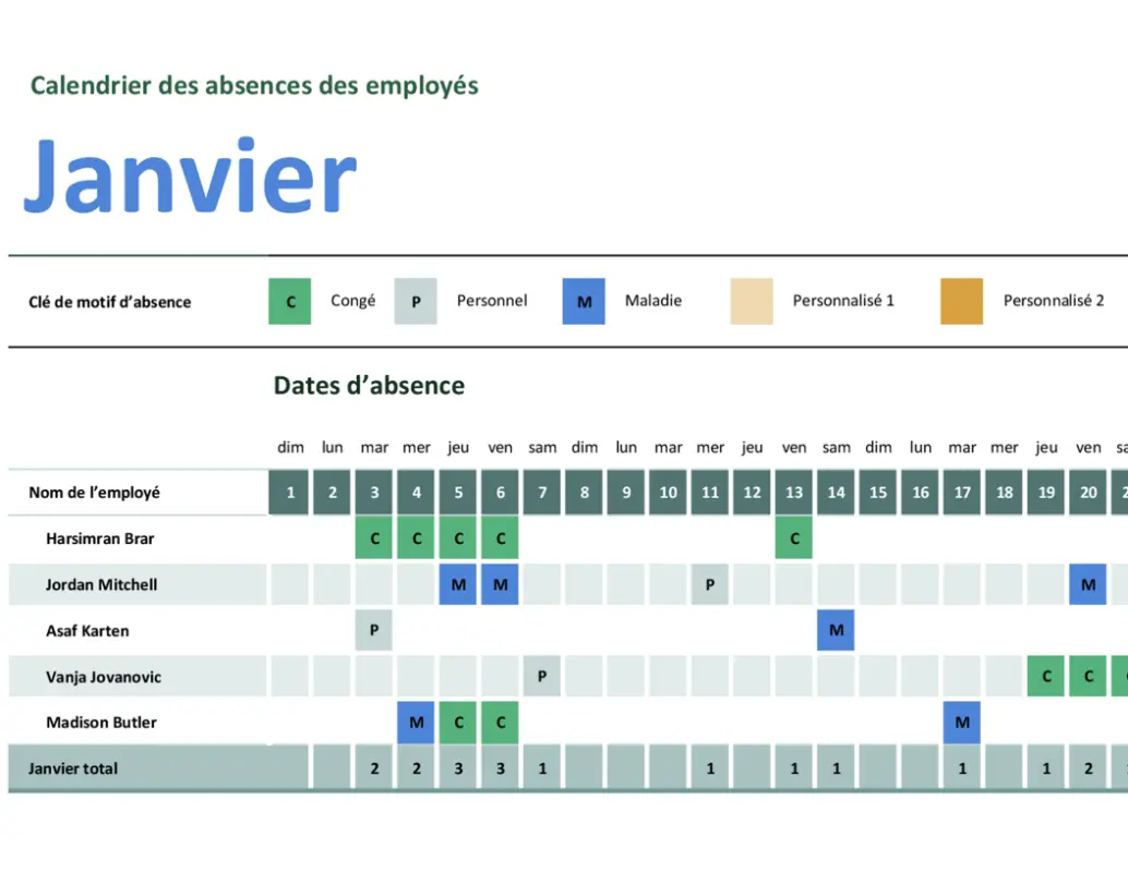 Calendrier d’absences des employés modern simple