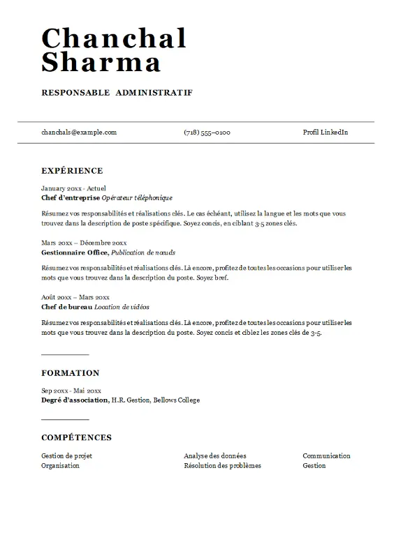 C.V. de responsable administratif ATS modern simple