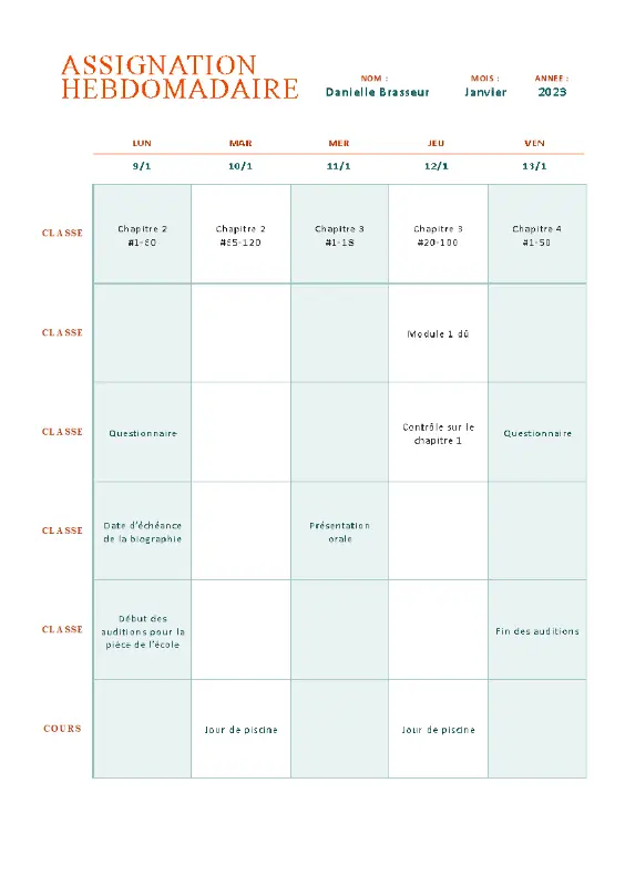 Suivi des devoirs hebdomadaires de base orange modern simple