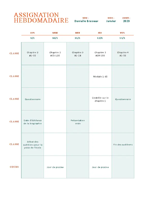 Suivi des devoirs hebdomadaires de base modern simple