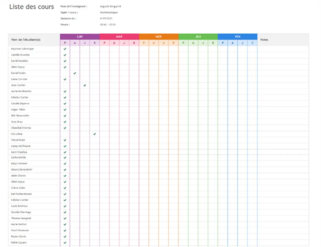 Liste de présence à la classe modern simple