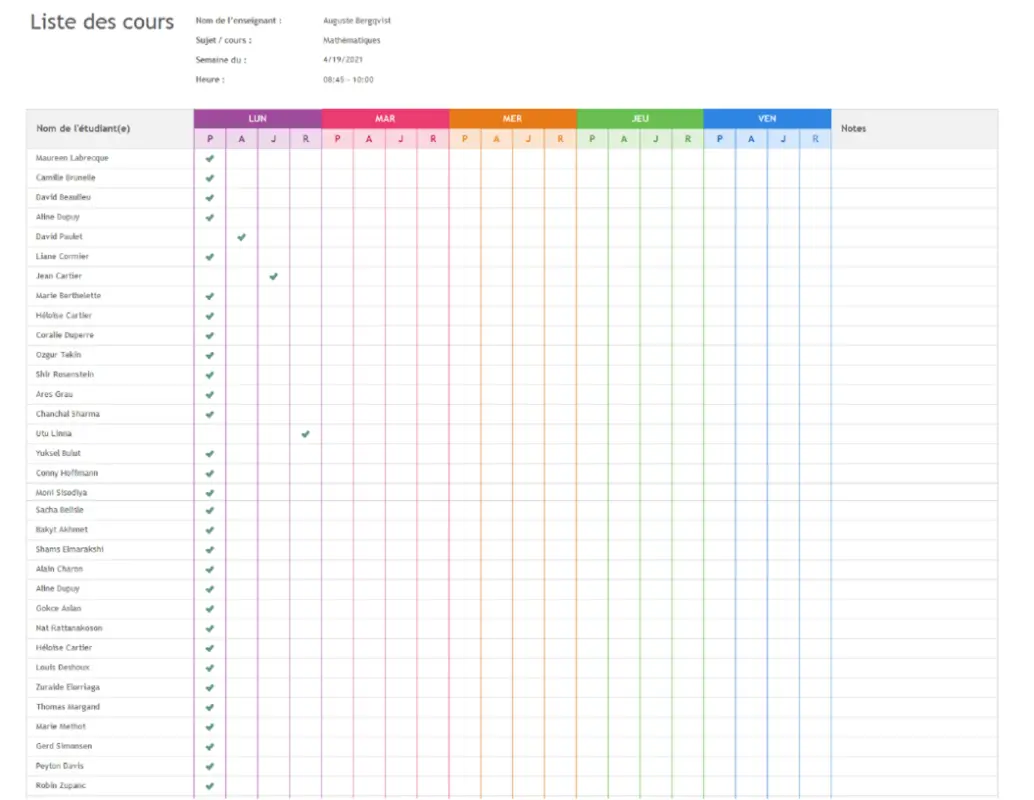 Liste de présence à la classe modern simple