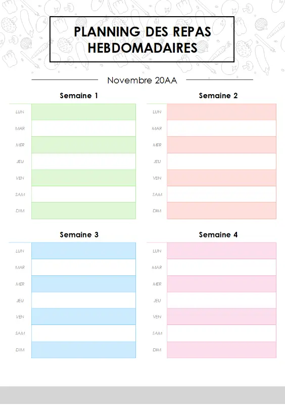 Planning de menus mensuels modern-simple