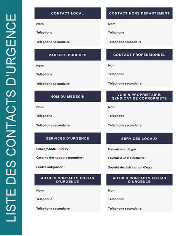 Liste des personnes à contacter en cas d’urgence