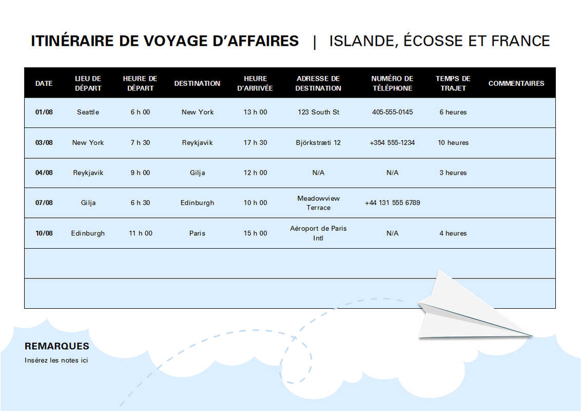 Itinéraire de voyage d’affaires blue modern simple