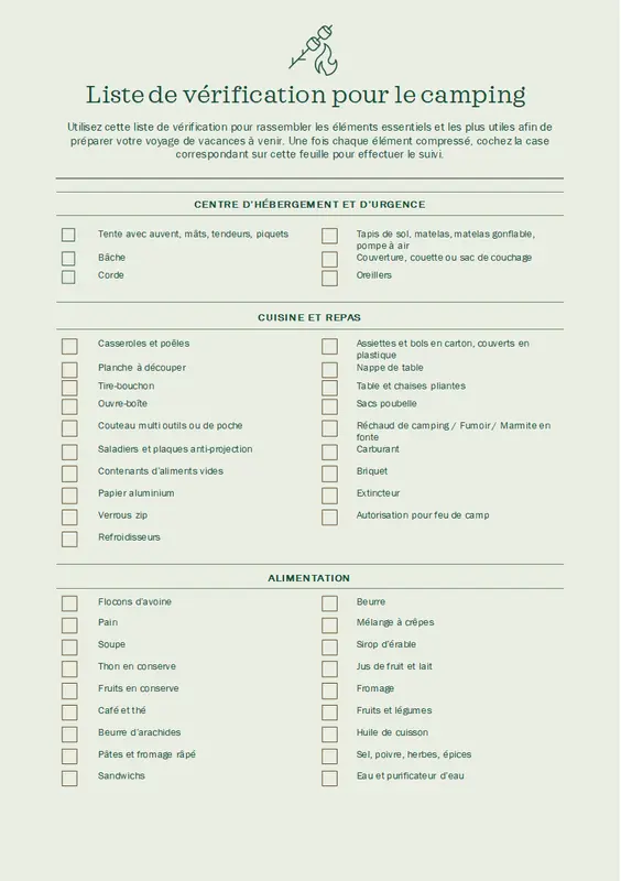 Liste de contrôle Camping modern simple