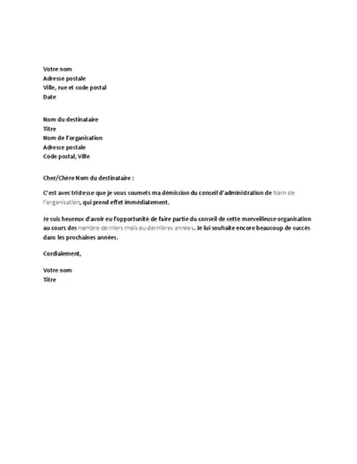 Lettre de démission du conseil d’administration