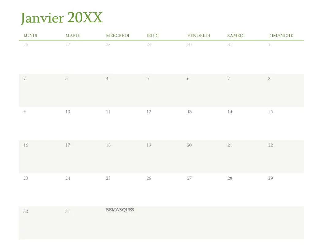 Calendrier annuel (1 mois par onglet) green modern-simple