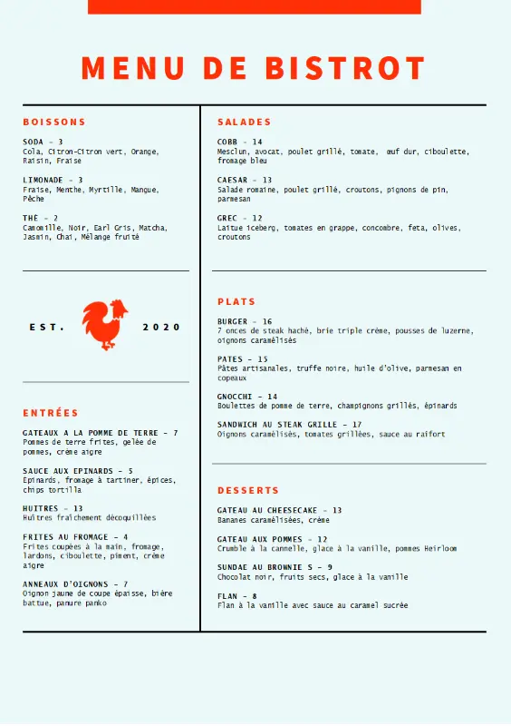 Menu de bistrot blue modern-simple