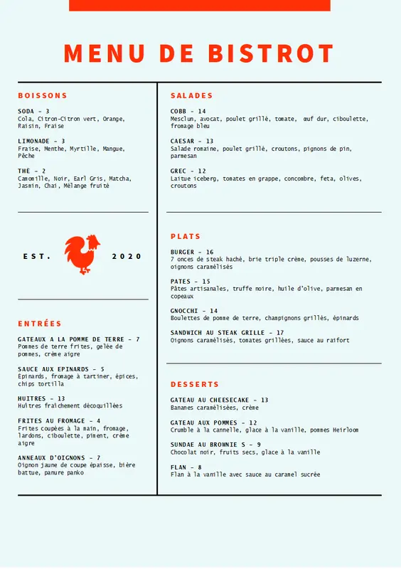 Menu de bistrot modern-simple