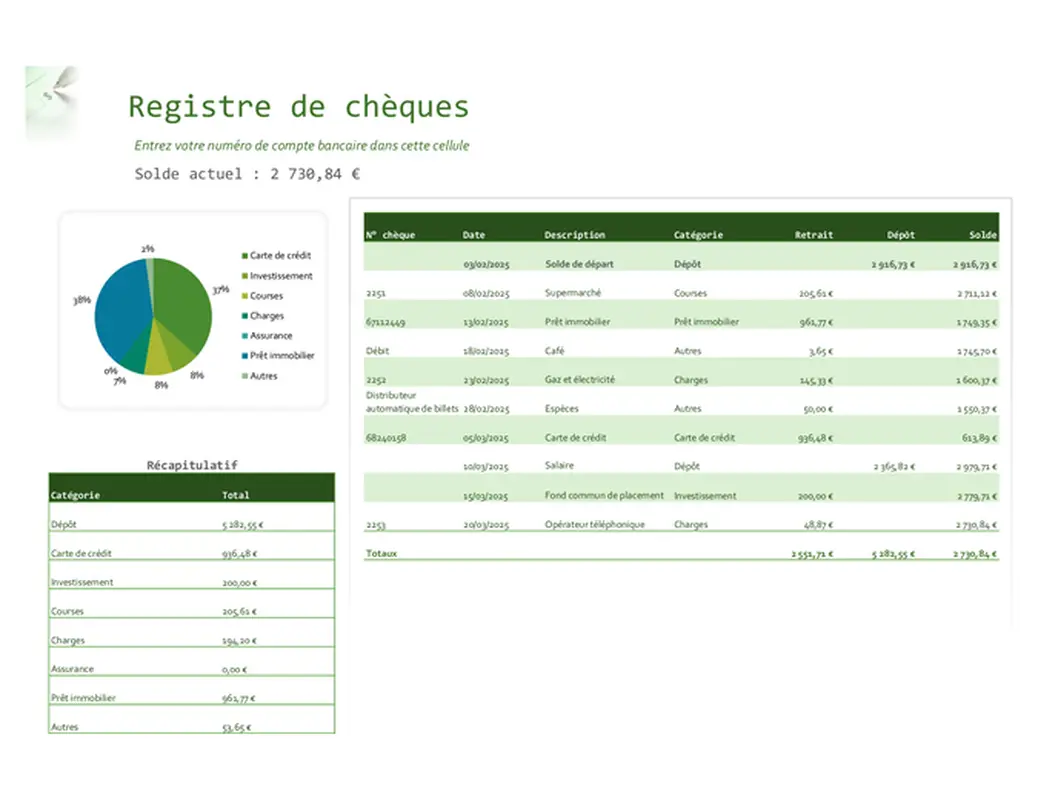 Registre de chèques avec graphique