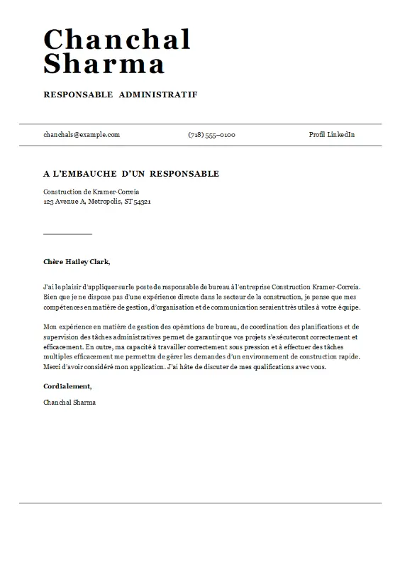 Lettre de motivation du responsable d’office ATS modern simple