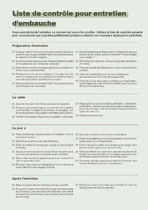 Liste de contrôle pour entretien d’embauche green modern simple