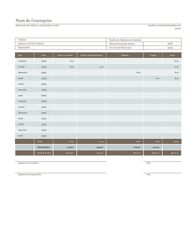 Feuille de temps bihebdomadaire modern simple