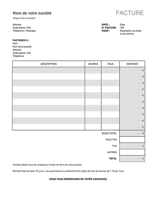 Facture de service avec calculs des taxes modern-simple