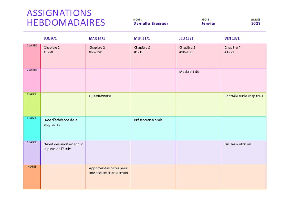 Feuille des tâches hebdomadaires (couleur, paysage) modern simple