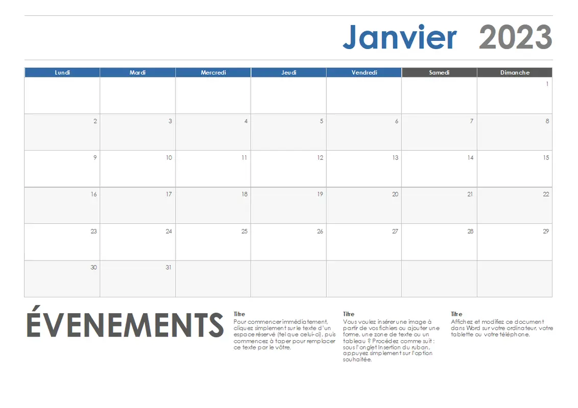 Calendrier horizontal (commençant le lundi) modern-simple