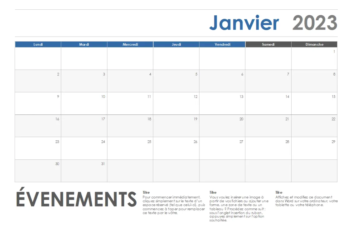 Calendrier horizontal (commençant le lundi) blue modern-simple