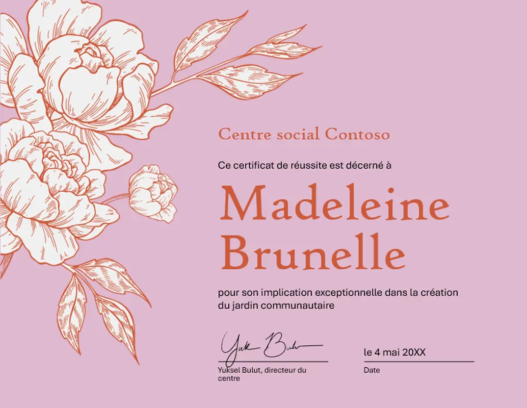 Certificat de réussite « Gravure florale » vintage-botanical