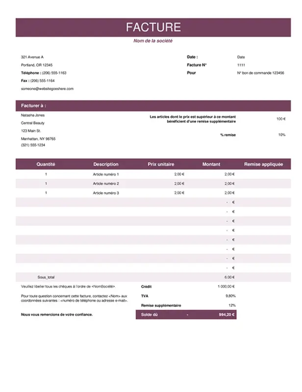 Facture de vente colorée modern simple