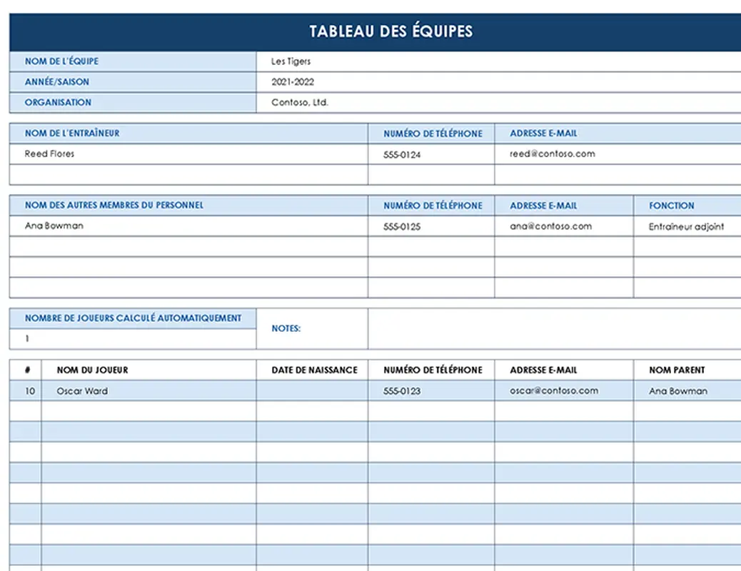 Tableau des équipes sportives modern simple
