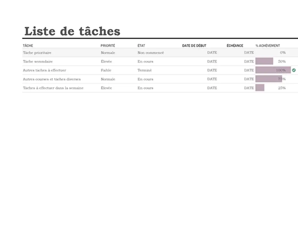 Liste de tâches avec suivi de l’avancement modern simple