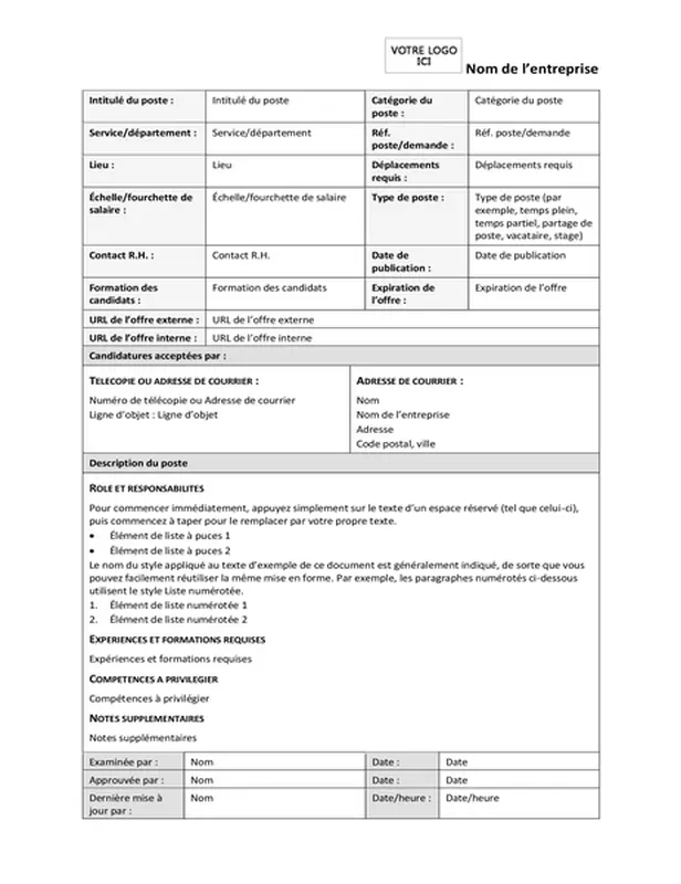 Formulaire de description de poste