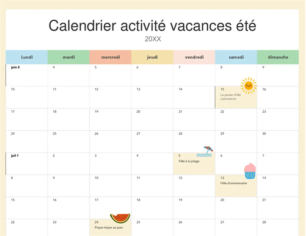 Calendrier des vacances d’été modern-simple