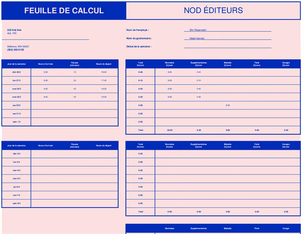 Feuille de temps hebdomadaire modern simple