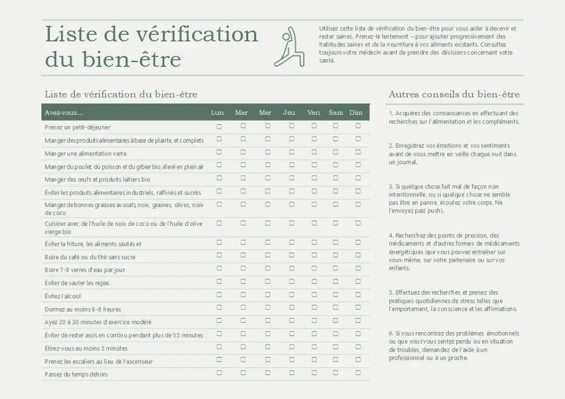 Liste de vérification du bien-être green modern simple