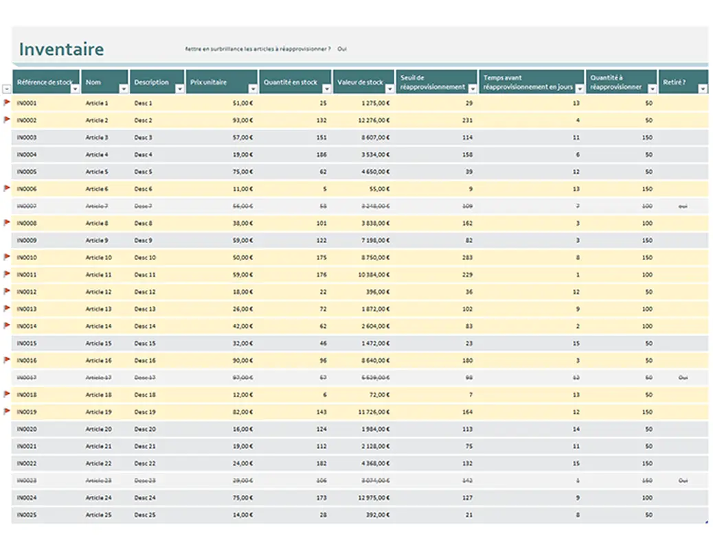 Liste d’inventaire avec mise en surbrillance des approvisionnements modern simple