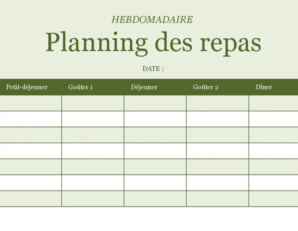 Planning hebdomadaire des repas green modern-simple