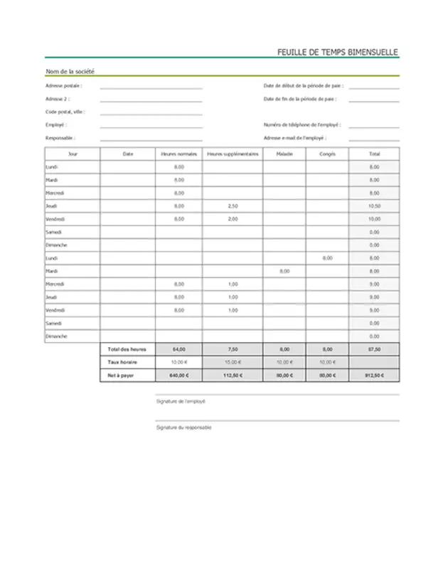 Feuille de temps bimensuelle avec arrêts maladie et congés (comprend des exemples de données) modern simple