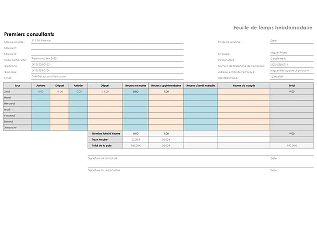 Feuille de temps hebdomadaire (8 1/2 x 11, paysage) modern simple