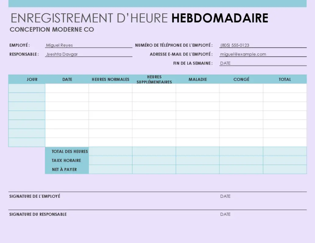 Feuille de temps hebdomadaire (8 1/2 x 11, portrait) purple modern simple