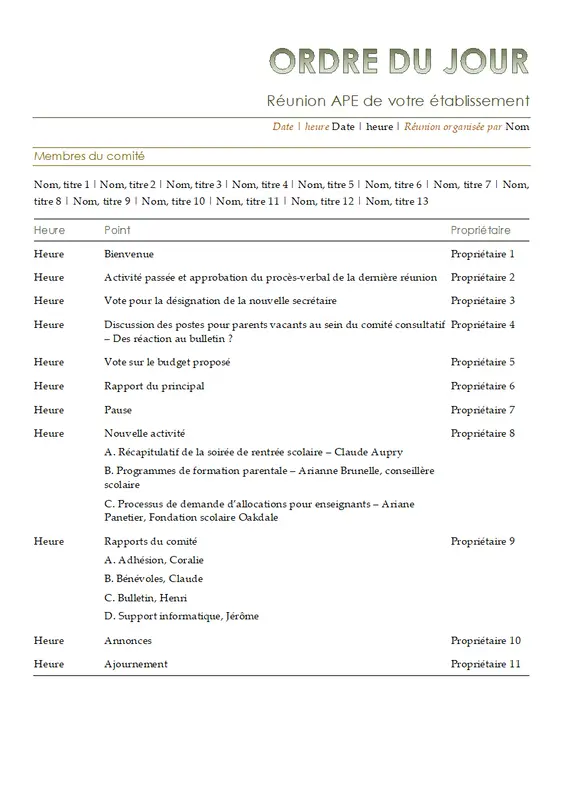 Ordre du jour d’association de parents d’élèves et d’enseignants (APE) modern simple