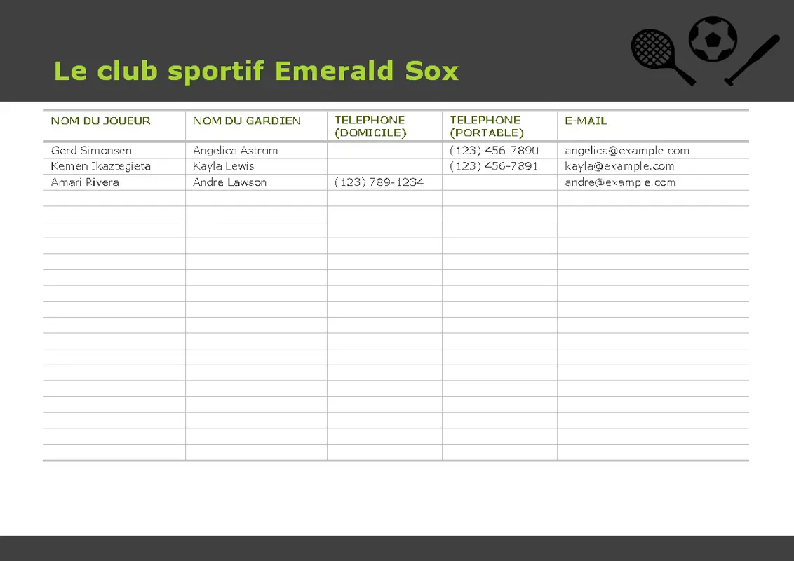 Liste de contacts destinée aux sports pour jeunes modern simple