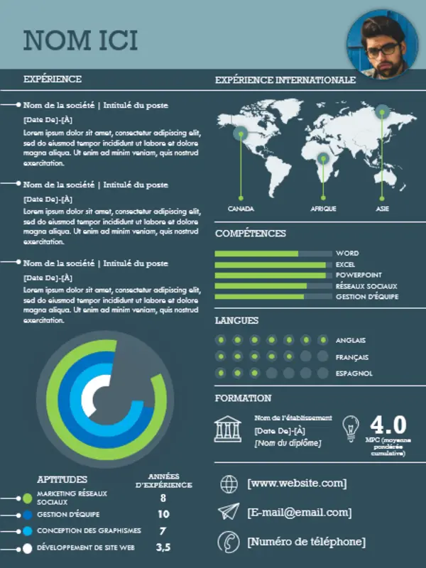 C.V. infographie international blue modern simple