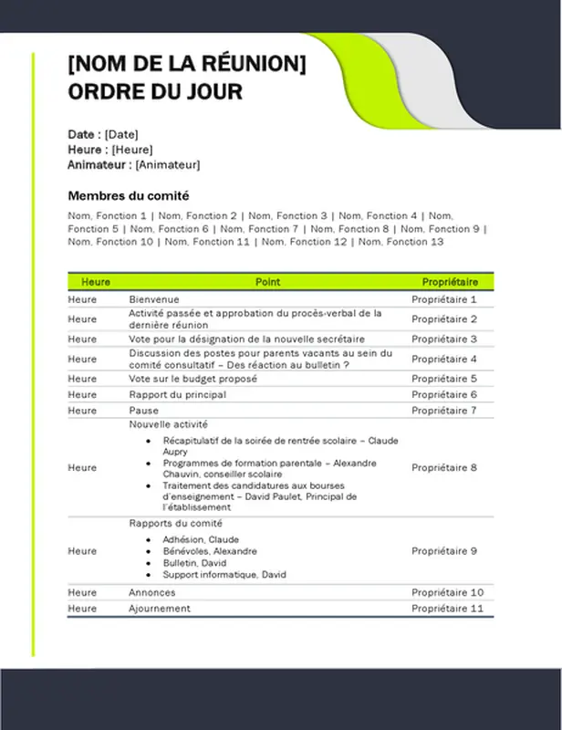 Ordre du jour de réunion pédagogique