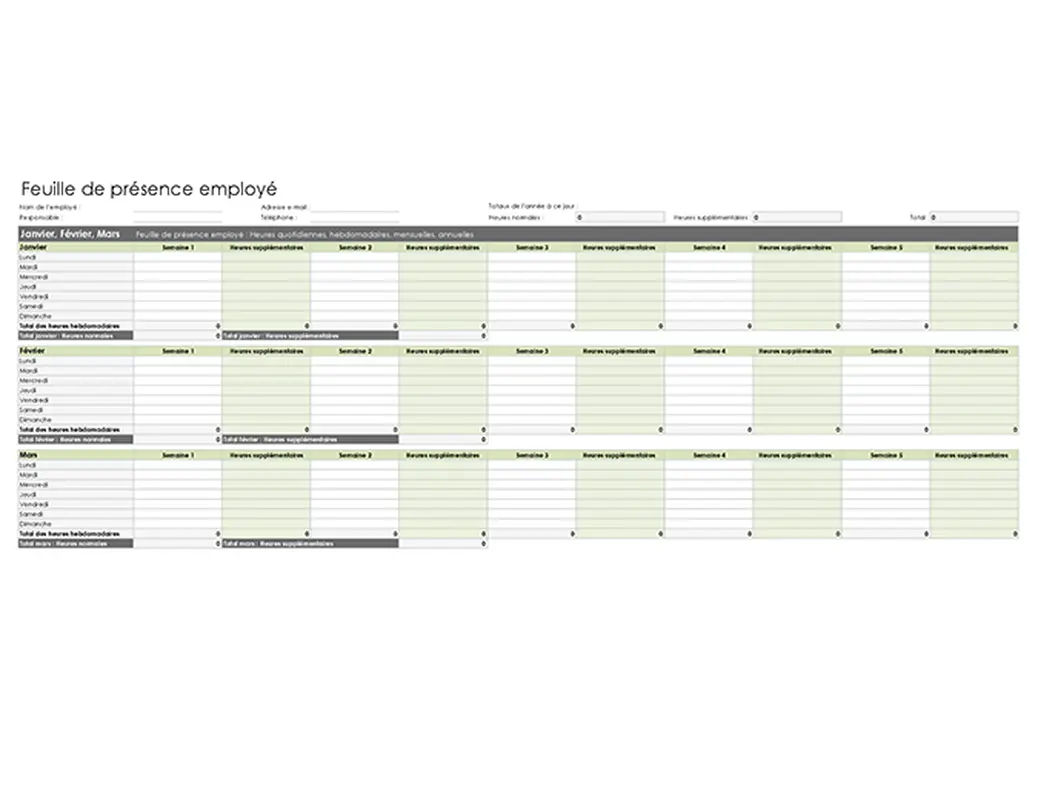 Feuille de présence employé (quotidienne, hebdomadaire, mensuelle et annuelle) modern simple