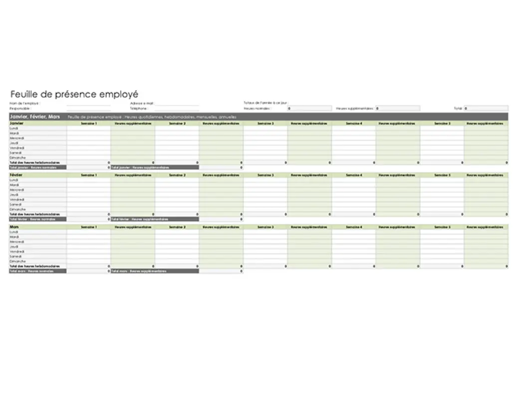 Feuille de présence employé (quotidienne, hebdomadaire, mensuelle et annuelle) green modern simple