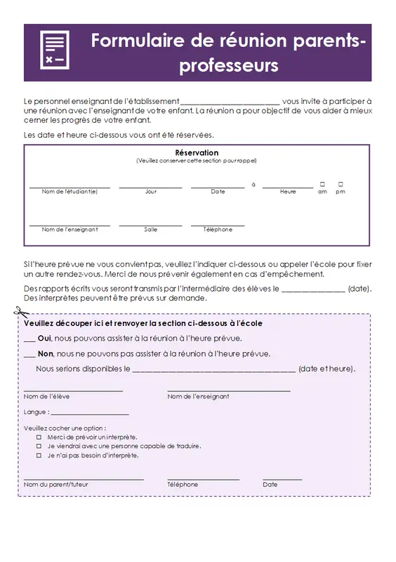Formulaire Réunion parents-professeurs modern simple