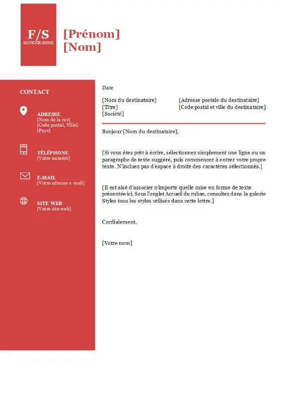 Lettre de motivation avec monogramme en gras red modern-simple