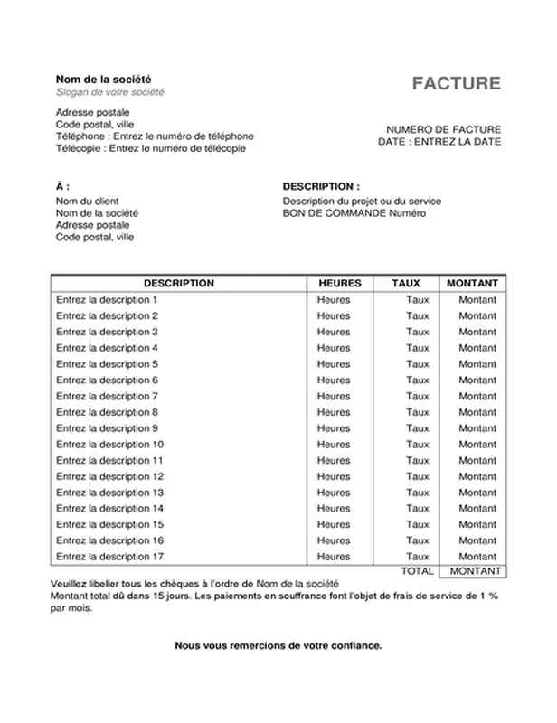 Facture de prestation de services avec heures et taux