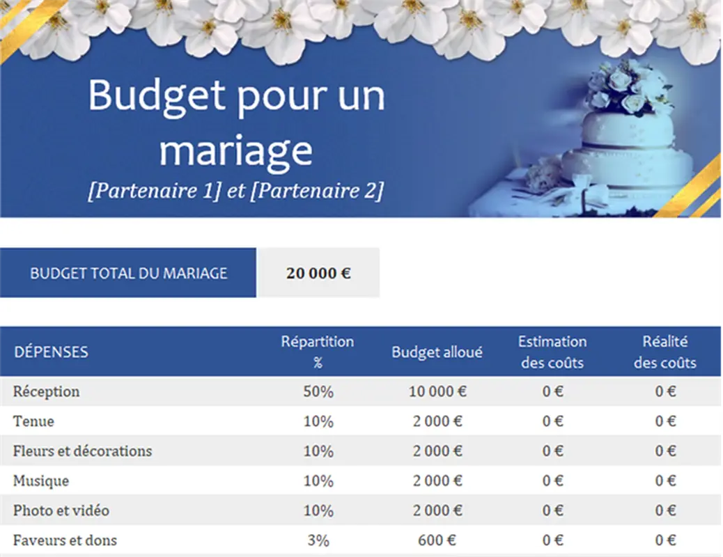 Outil de suivi du budget de mariage modern simple