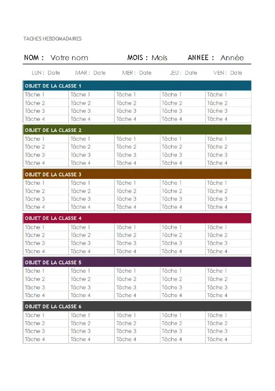 Calendrier des affectations hebdomadaires modern-simple