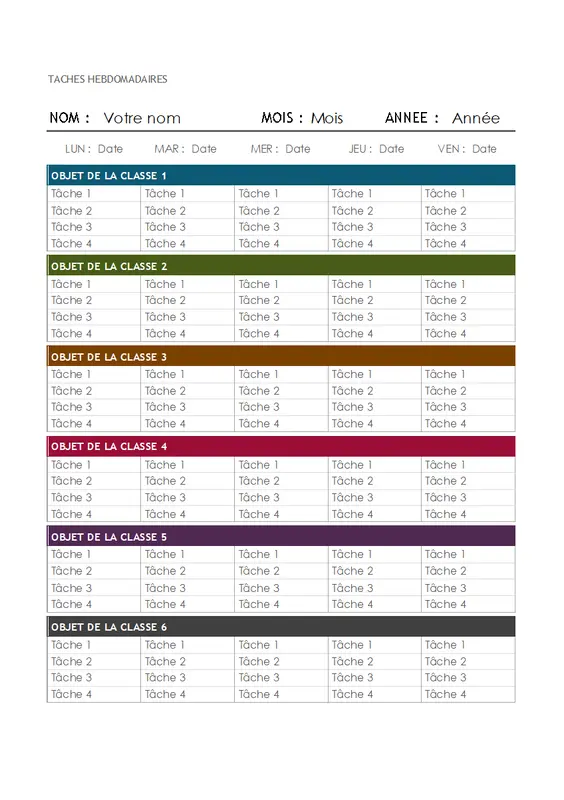 Calendrier des affectations hebdomadaires modern-simple