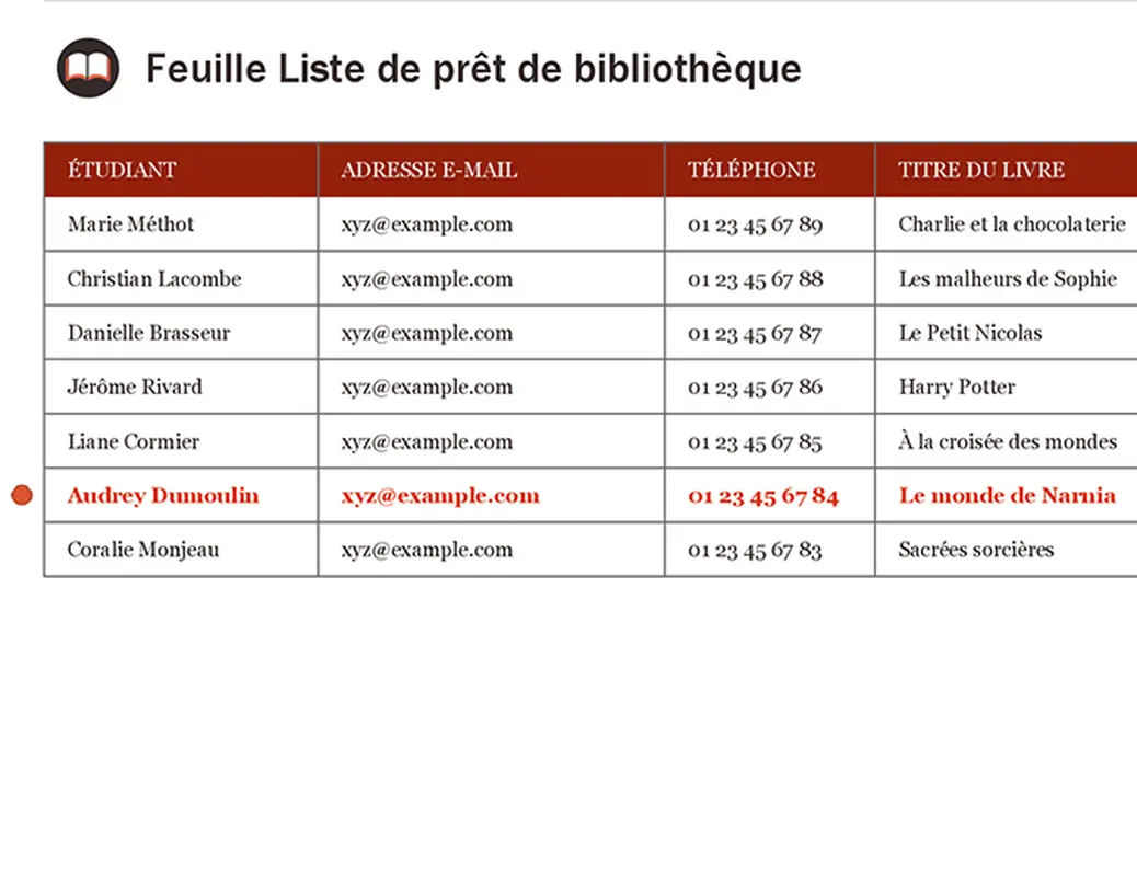 Feuille Liste de prêt de bibliothèque