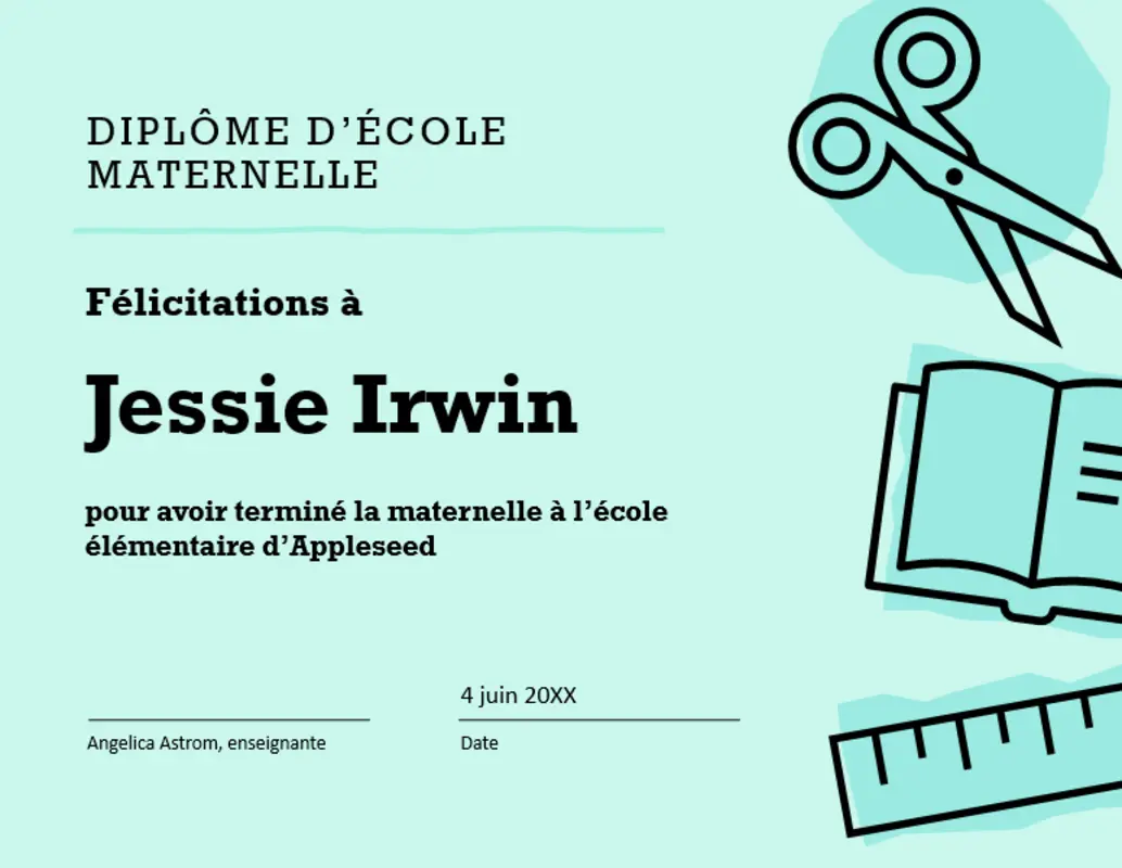 Certificat de diplôme d’école maternelle blue modern bold