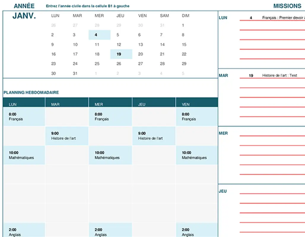Calendrier pour étudiant (lun.) modern-simple